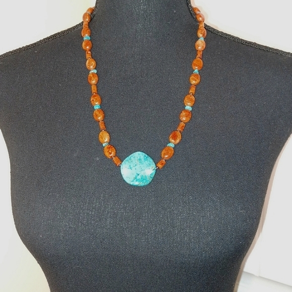 Southwestern Handmade Orange Spiny Oyster Stone and Turquoise Necklace